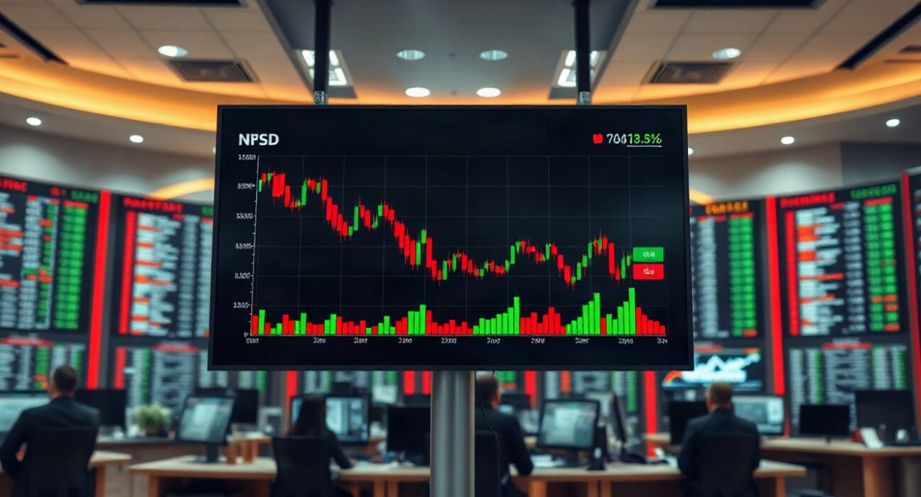 Declining trading volume charts on a screen in a financial data center