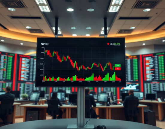 Declining trading volume charts on a screen in a financial data center