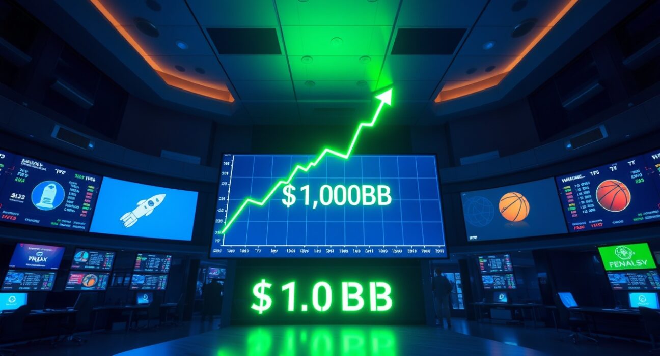 Digital display showing a record $10.8 billion weekly trading volume on prediction markets with a green uptrend chart.