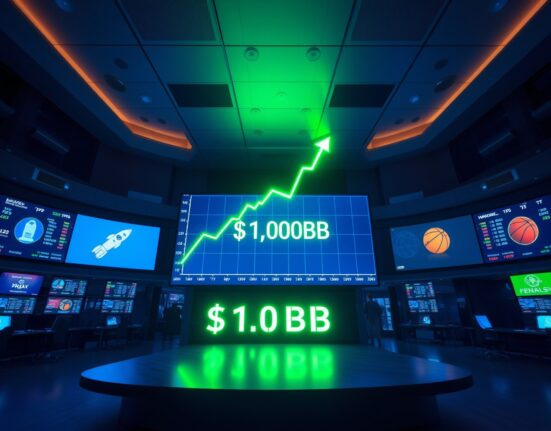 Digital display showing a record $10.8 billion weekly trading volume on prediction markets with a green uptrend chart.