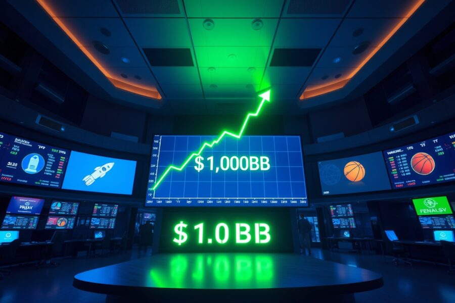 Digital display showing a record $10.8 billion weekly trading volume on prediction markets with a green uptrend chart.