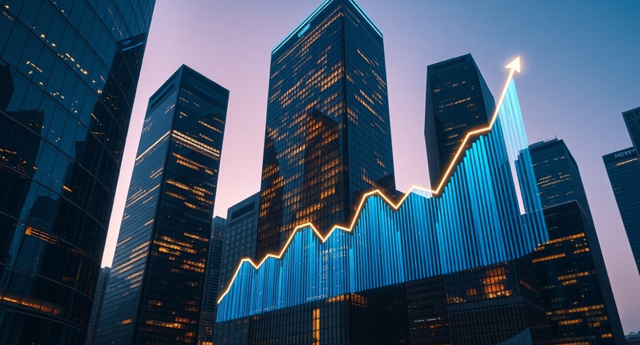 Financial district skyline at dusk with digital data overlays representing prediction markets and AI funding growth.