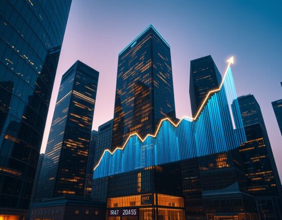 Financial district skyline at dusk with digital data overlays representing prediction markets and AI funding growth.