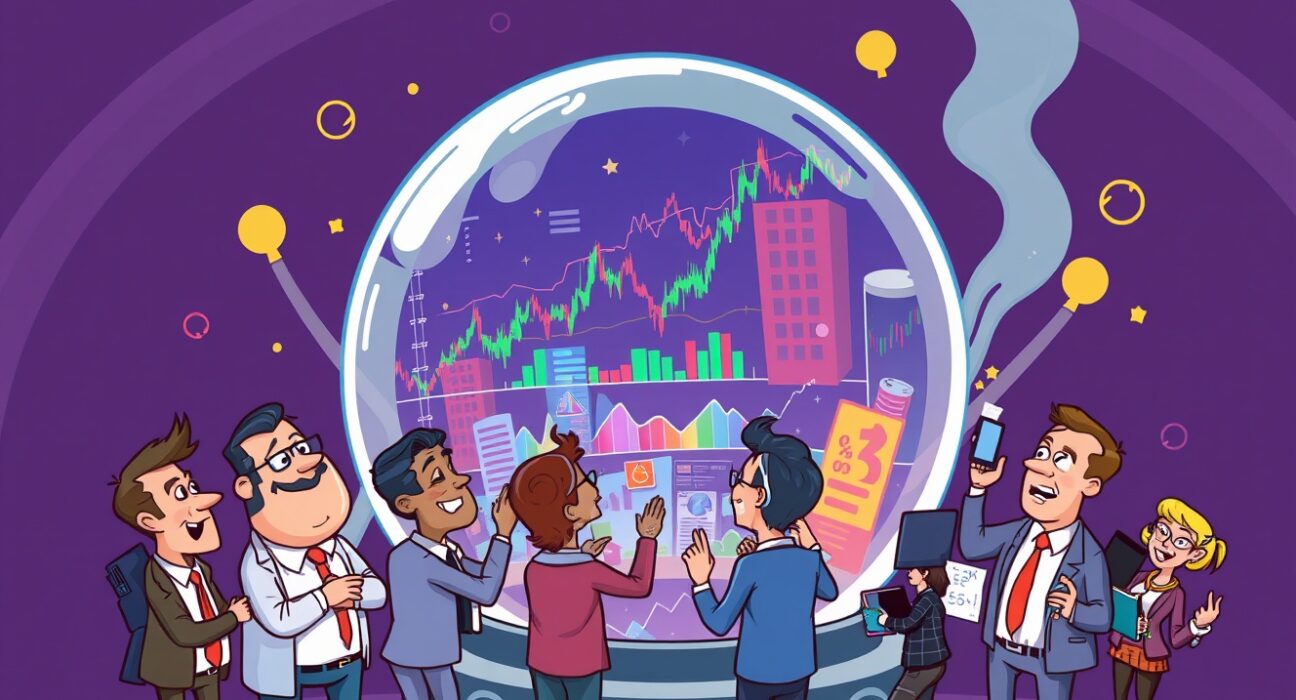 A vibrant cartoon illustrating prediction markets as a crystal ball forecasting economic data for traders.