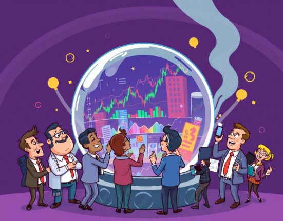 A vibrant cartoon illustrating prediction markets as a crystal ball forecasting economic data for traders.