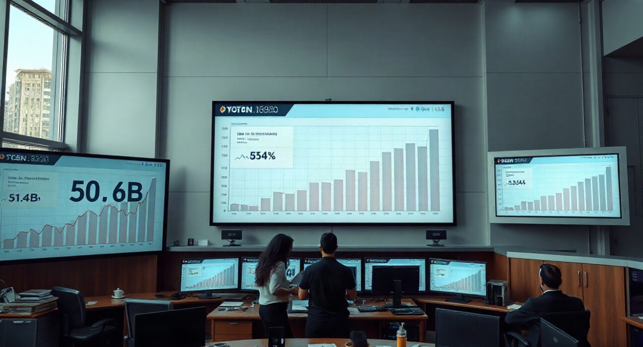 Digital trading dashboard showing record prediction market volume growth for Polymarket and Kalshi