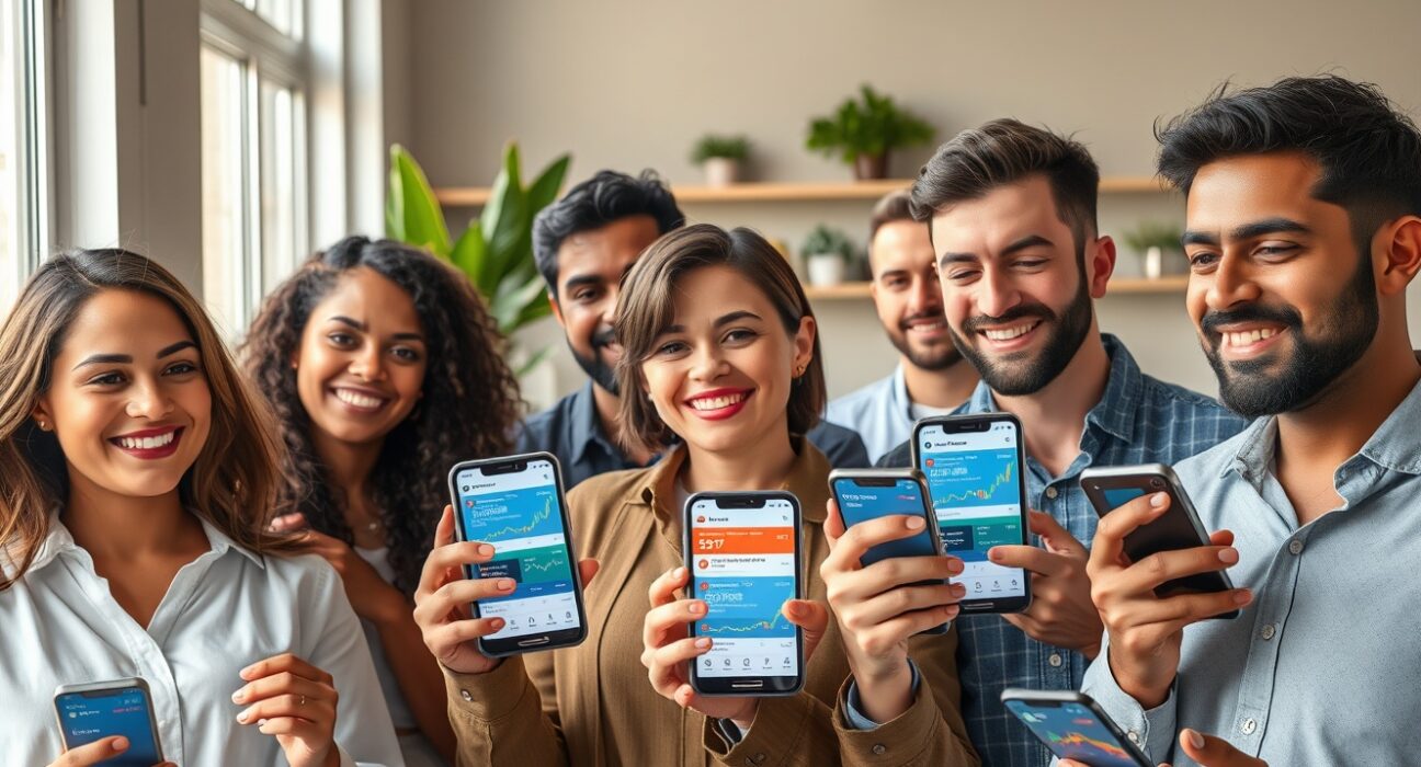 Retail traders using smartphones to place small, frequent trades on a prediction market platform, illustrating the shift toward individual user trading.