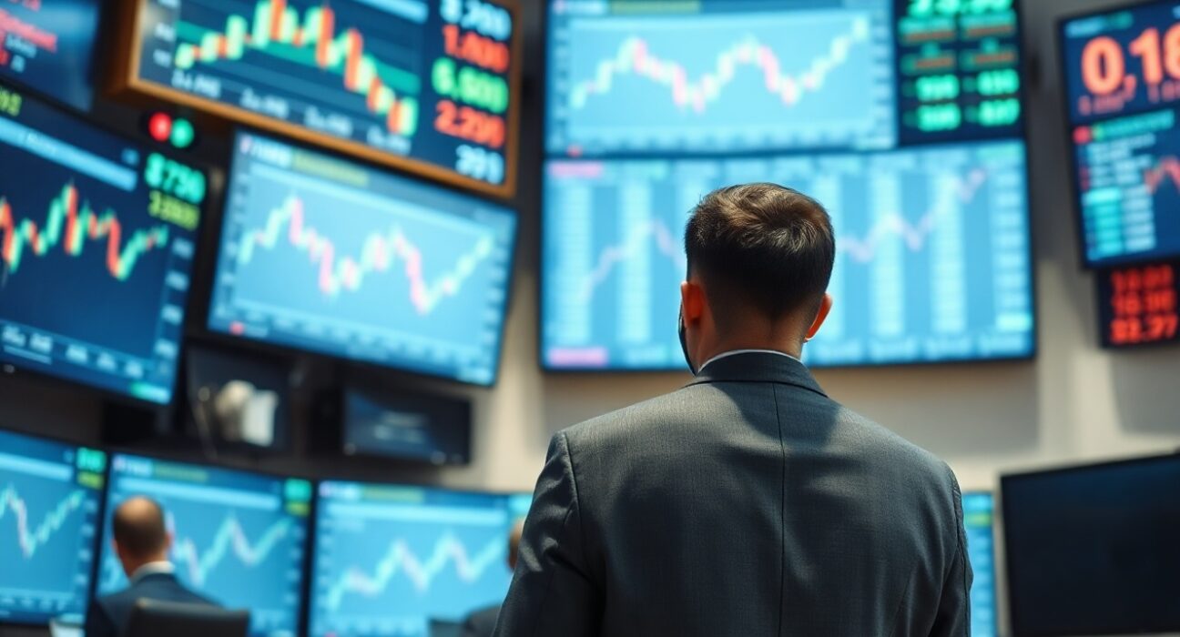 Trader monitoring prediction market charts and news on a screen in a modern financial office