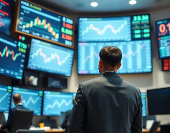 Trader monitoring prediction market charts and news on a screen in a modern financial office