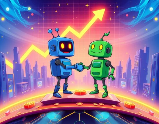 Cartoon illustration showing the massive prediction markets trading volume growth as two platforms collaborate.