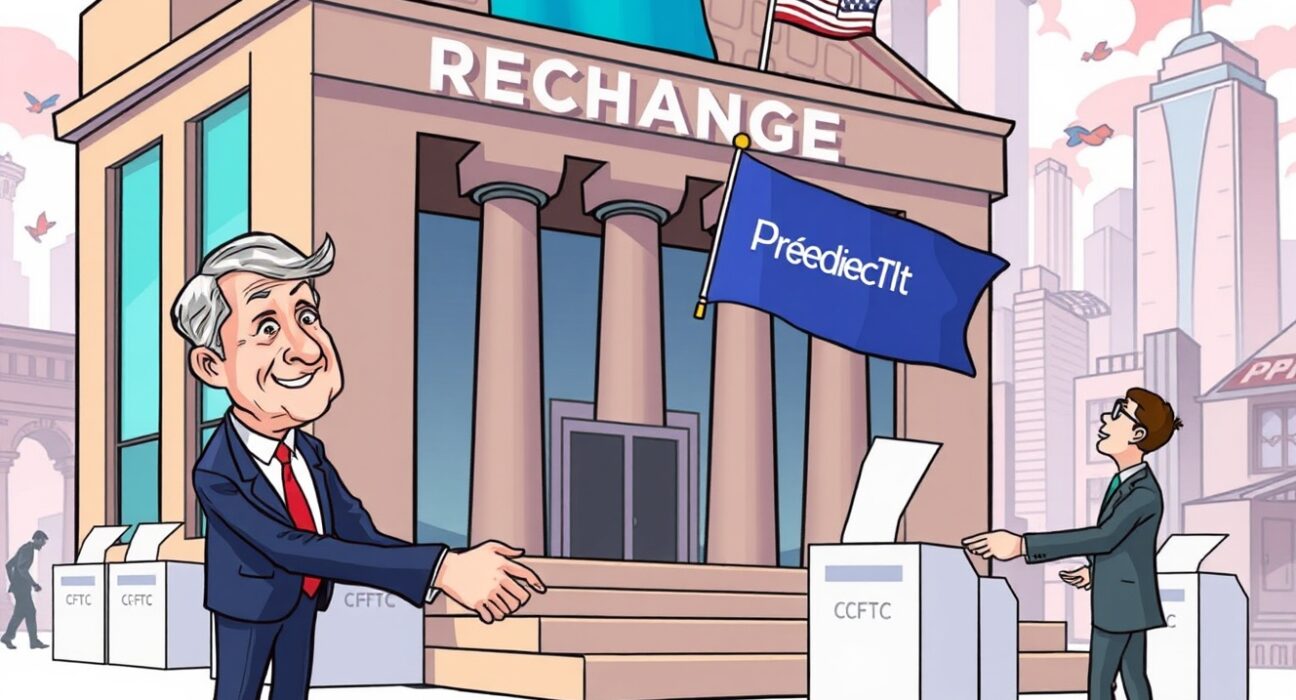 Cartoon illustrating the PredictIt exchange launch with CFTC approval, symbolizing a new era for prediction markets.