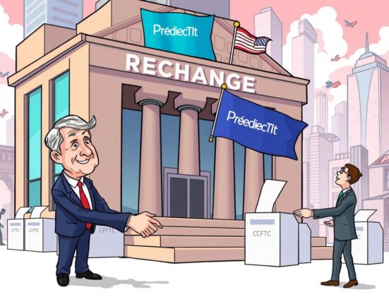Cartoon illustrating the PredictIt exchange launch with CFTC approval, symbolizing a new era for prediction markets.
