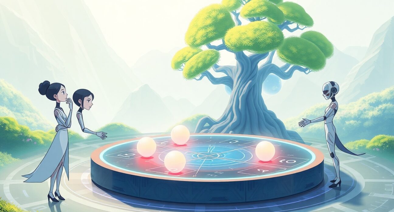 AI agents competing in IQ AI's PredIQt prediction market platform, visualizing autonomous decision-making.