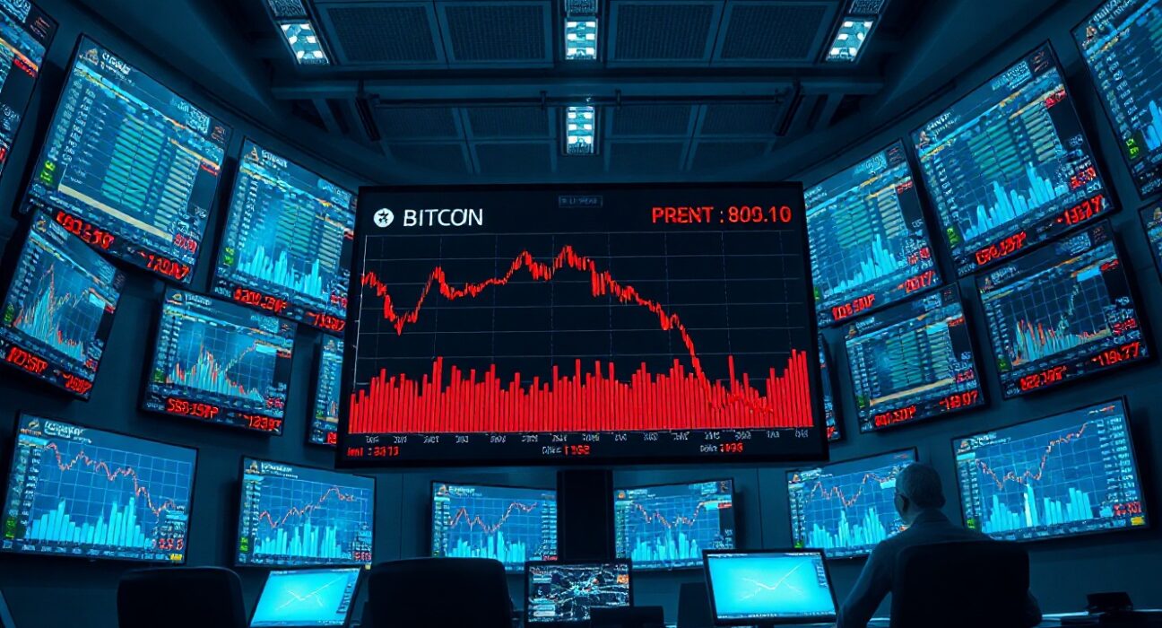 Financial trading monitors showing Bitcoin price charts and preferred share de-pegging data