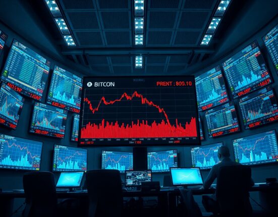 Financial trading monitors showing Bitcoin price charts and preferred share de-pegging data