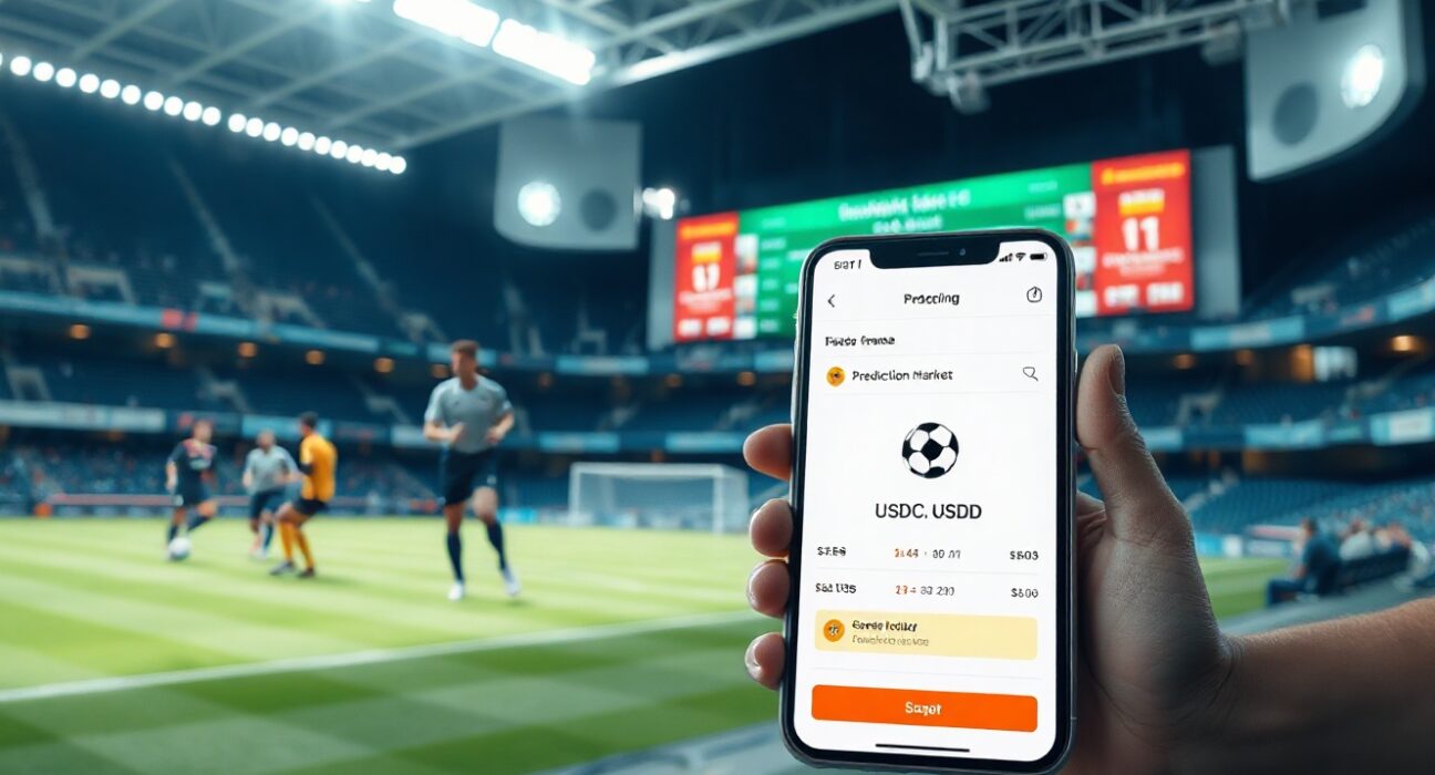 Smartphone displaying a decentralized prediction market interface in a stadium setting with a soccer scoreboard.