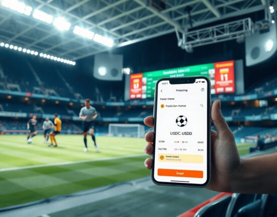 Smartphone displaying a decentralized prediction market interface in a stadium setting with a soccer scoreboard.