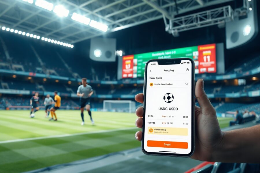 Smartphone displaying a decentralized prediction market interface in a stadium setting with a soccer scoreboard.