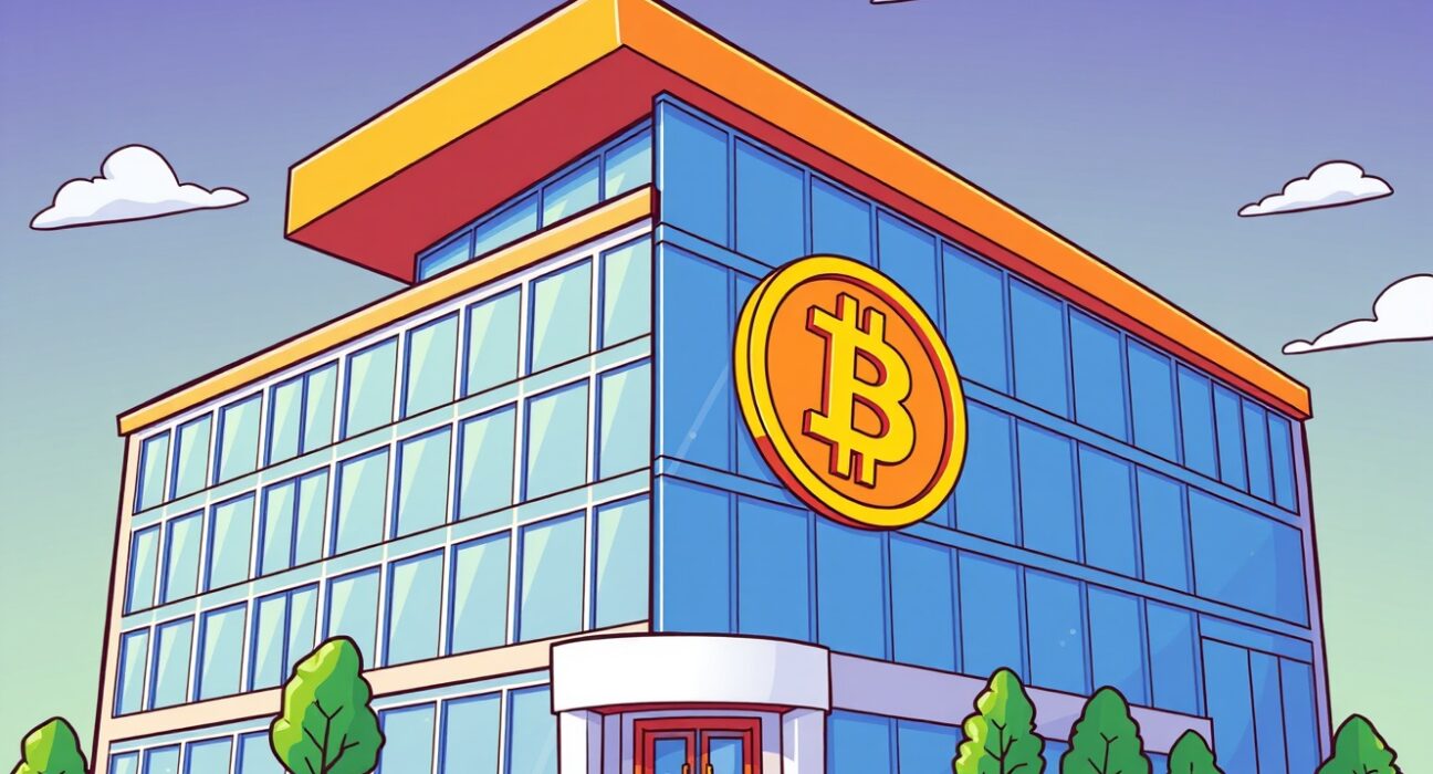 Cartoon illustration of a company building symbolizing strategic corporate growth and expanding Bitcoin holdings.