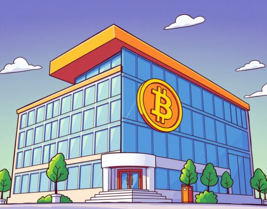 Cartoon illustration of a company building symbolizing strategic corporate growth and expanding Bitcoin holdings.
