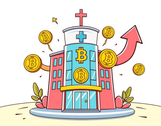 Prenetics Bitcoin investment growth shown through healthcare building with cryptocurrency symbols