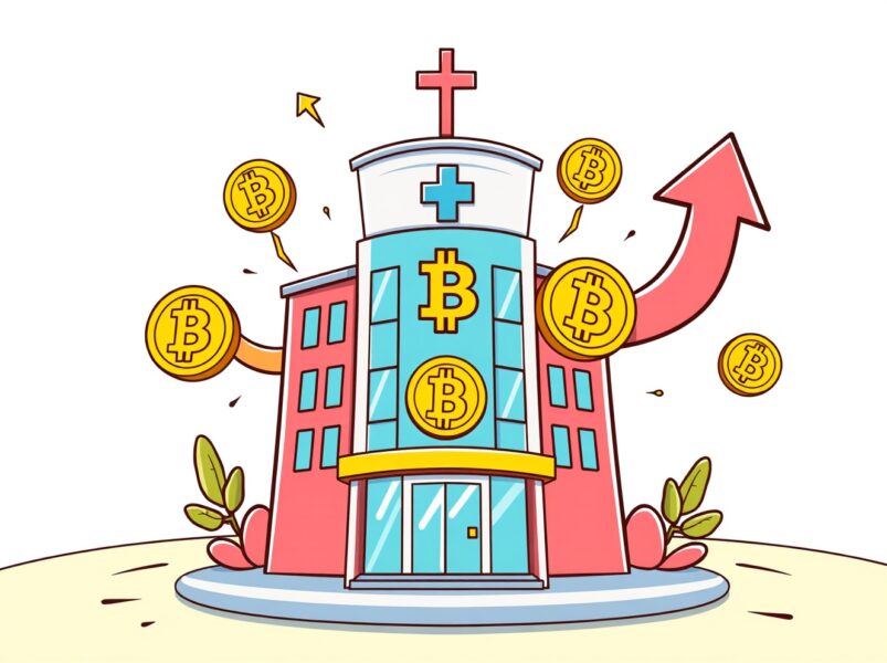 Prenetics Bitcoin investment growth shown through healthcare building with cryptocurrency symbols
