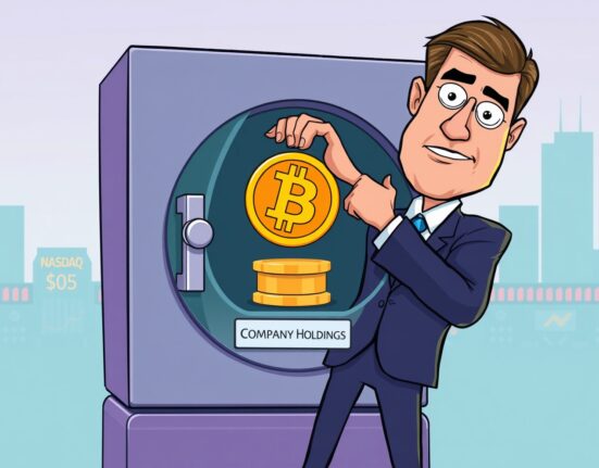 A corporate executive confidently adding Bitcoin to company assets, representing Prenetics Bitcoin purchase and institutional crypto adoption.