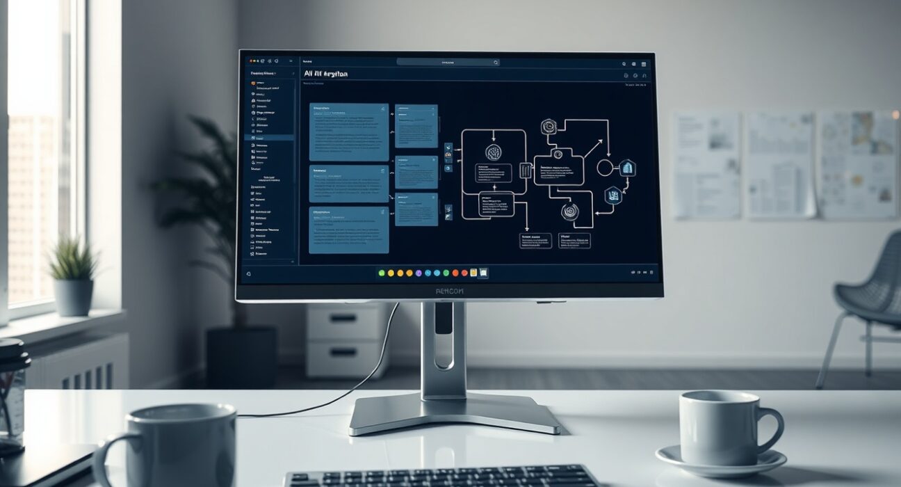 Modern office desk with computer screen showing AI workflow automation interface