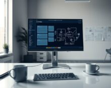Modern office desk with computer screen showing AI workflow automation interface