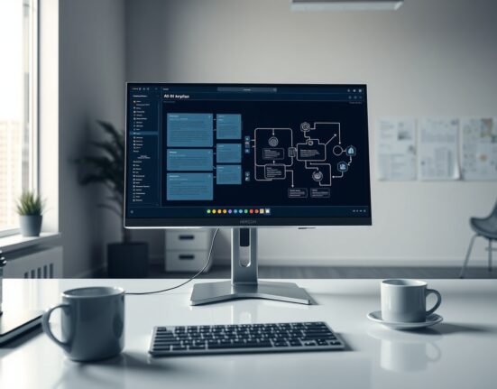 Modern office desk with computer screen showing AI workflow automation interface