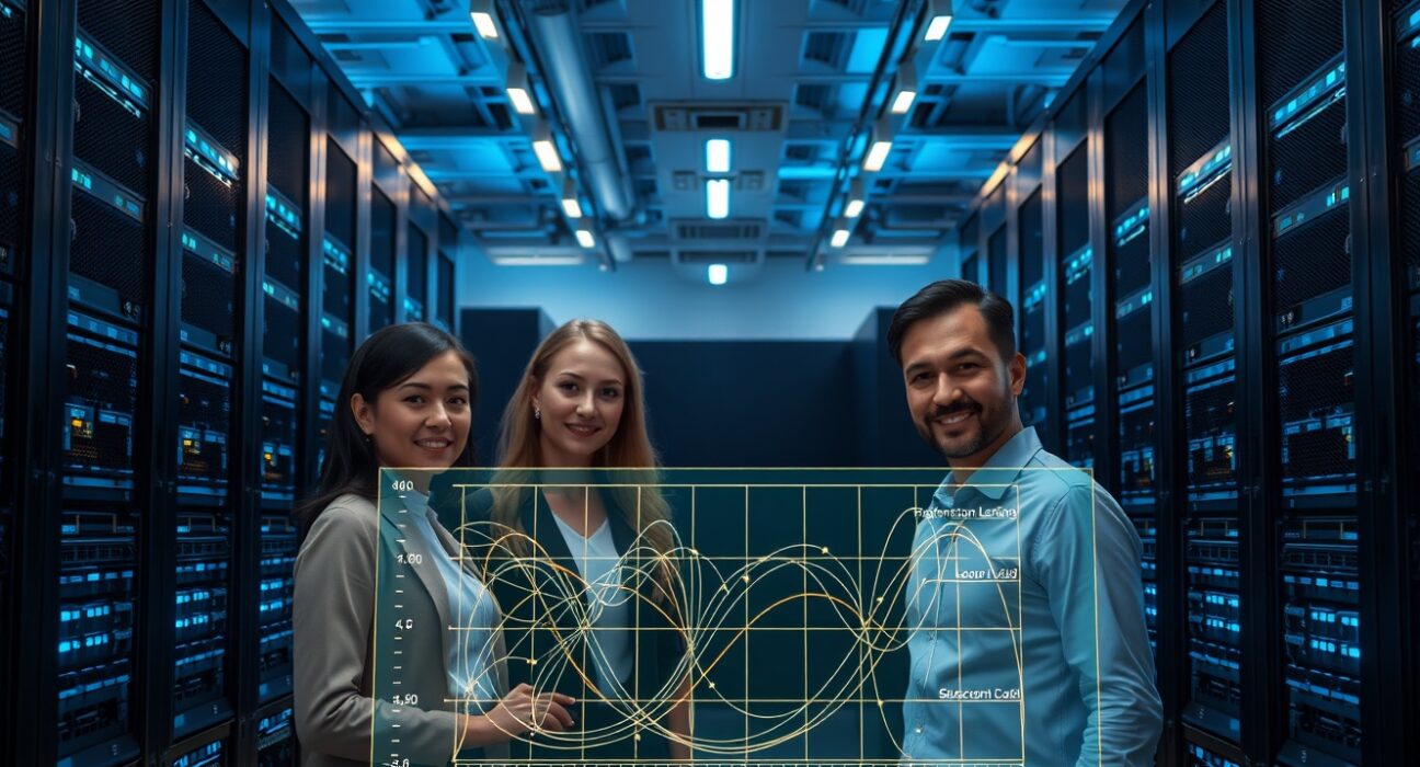 Technology professionals working in a modern data center with AI neural network interface