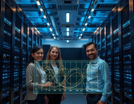 Technology professionals working in a modern data center with AI neural network interface