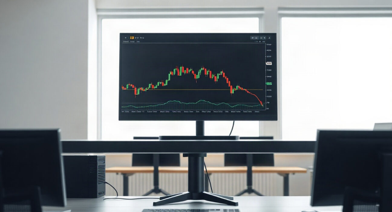 PrimeXBT trading platform on a monitor with charts, illustrating swap-free trading update.