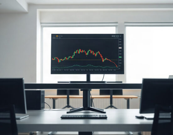 PrimeXBT trading platform on a monitor with charts, illustrating swap-free trading update.