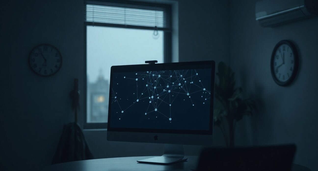 Dimly lit office with a monitor showing a blockchain network graphic, symbolizing Printr's shutdown