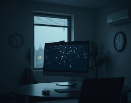 Dimly lit office with a monitor showing a blockchain network graphic, symbolizing Printr's shutdown