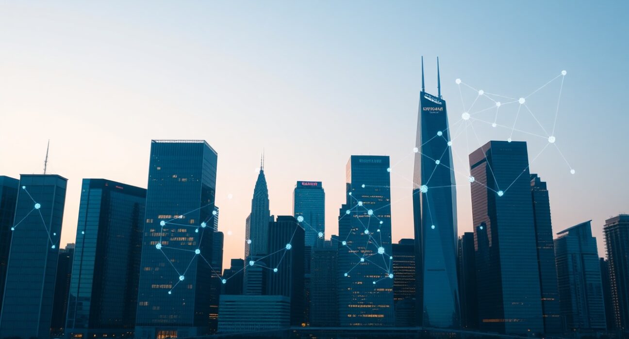 A modern city skyline with a digital blockchain network overlay representing the growth of privacy-focused blockchains.