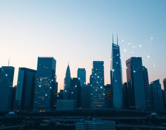 A modern city skyline with a digital blockchain network overlay representing the growth of privacy-focused blockchains.