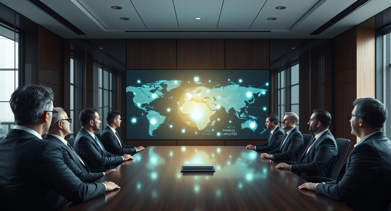Boardroom of professionals viewing a glowing blockchain network on a large screen, representing institutional demand for privacy-focused crypto infrastructure.
