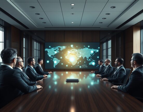 Boardroom of professionals viewing a glowing blockchain network on a large screen, representing institutional demand for privacy-focused crypto infrastructure.