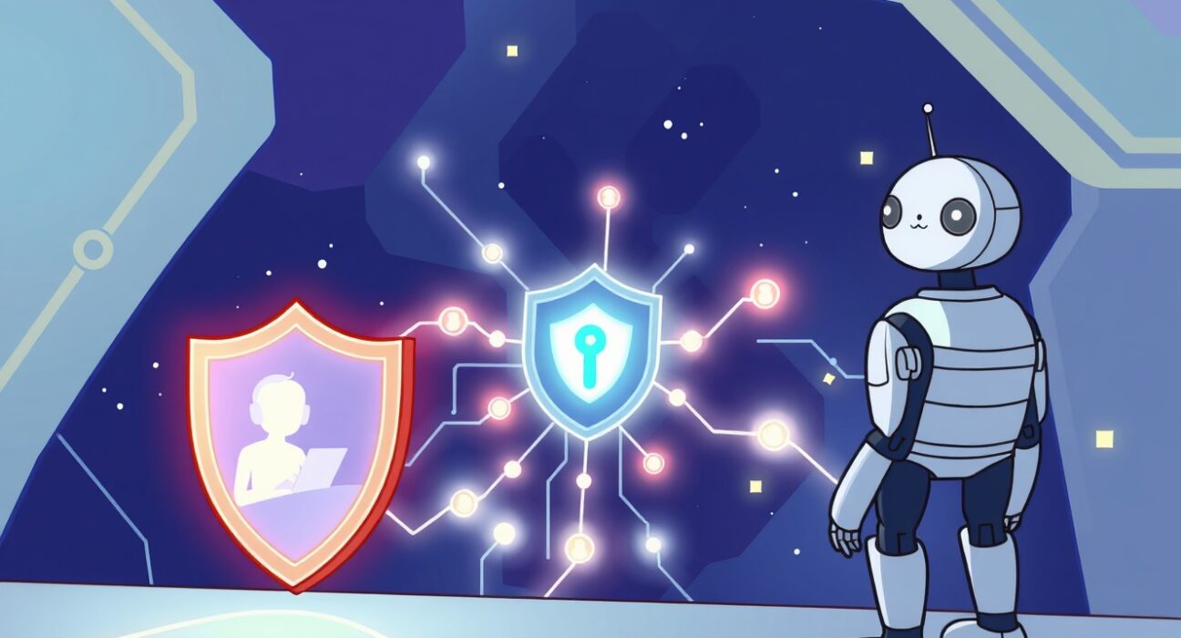 Cartoon illustration of a digital shield protecting a blockchain network, symbolizing privacy-preserving on-chain verification in Web3.