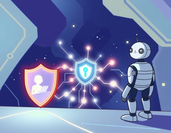 Cartoon illustration of a digital shield protecting a blockchain network, symbolizing privacy-preserving on-chain verification in Web3.