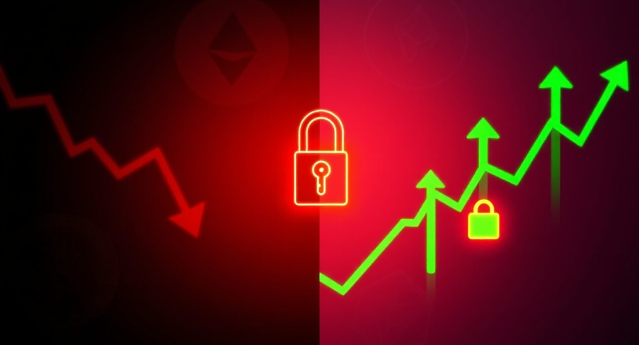 Split-screen crypto market chart showing decline in major coins and rally in privacy tokens.