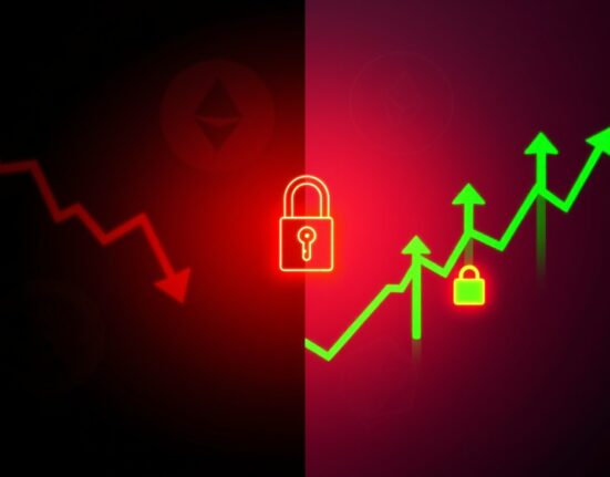 Split-screen crypto market chart showing decline in major coins and rally in privacy tokens.
