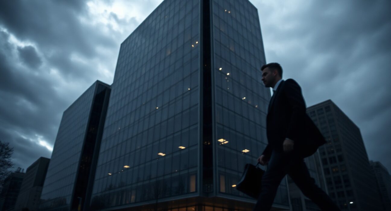Financial district skyline under cloudy sky, symbolizing stress in private credit markets.