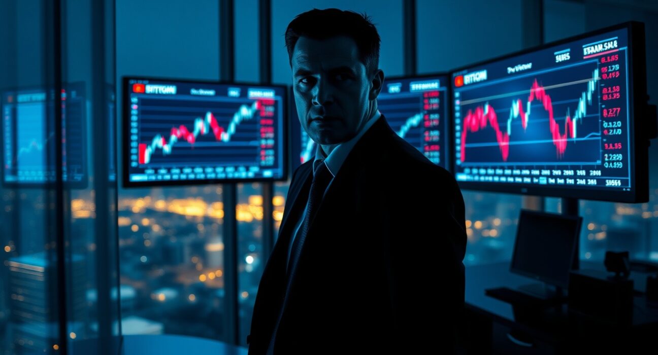 Fund manager monitoring falling cryptocurrency prices on multiple screens in a dimly lit office