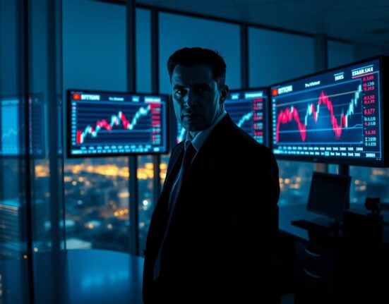 Fund manager monitoring falling cryptocurrency prices on multiple screens in a dimly lit office