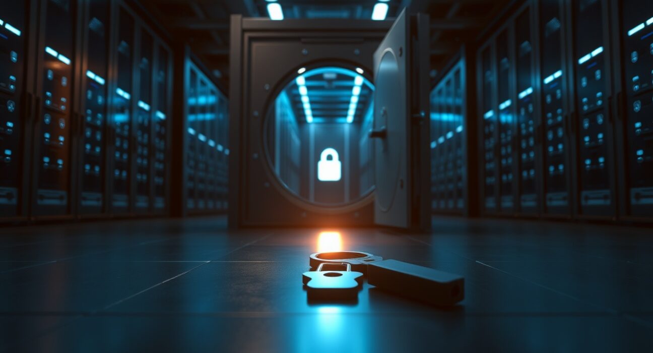 A glowing cryptographic key on a dark server room floor near an open security vault door, representing private key theft in crypto hacks.
