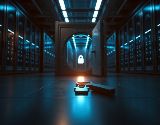 A glowing cryptographic key on a dark server room floor near an open security vault door, representing private key theft in crypto hacks.