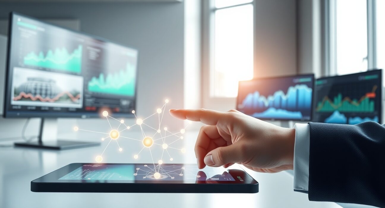 Private wealth AI investment decision in a modern financial office setting.